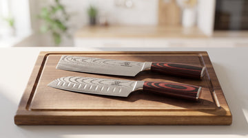 Nakiri- en Santoku-mes naast elkaar op een houten snijplank