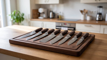Verschillende soorten messen naast elkaar op een snijplank: koksmes, santoku, nakiri, broodmes en fileermes