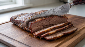 Lang mes snijdt gegrilde brisket tegen de vezel in plakken
